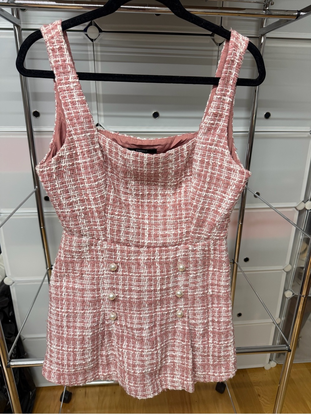 Forever 21 Pink Tweed Romper with Pearl Buttons